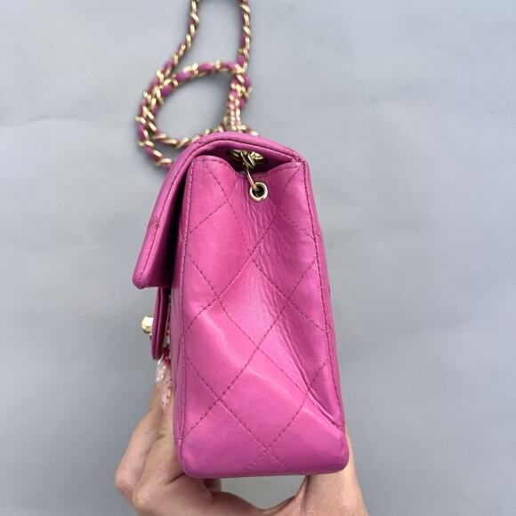 Chanel Small Square Classic Flap Pink Lambskin Leather 24k Gold Plates Hardware - Picture 9 of 16
